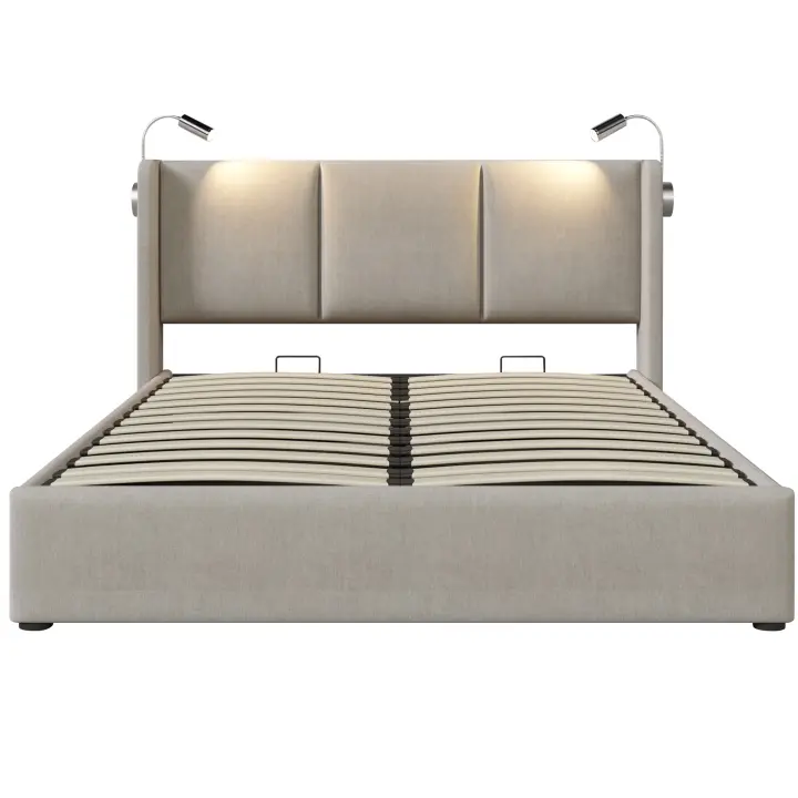 Cama tapizada Cama Doble Armaro Caja de Almacén Lámpara de Lectura con función de carga USB Cabecero, Cama de Almacén Somier de Material de Lino Cama Juvenil 160x200 con somier (with colchón) - 1