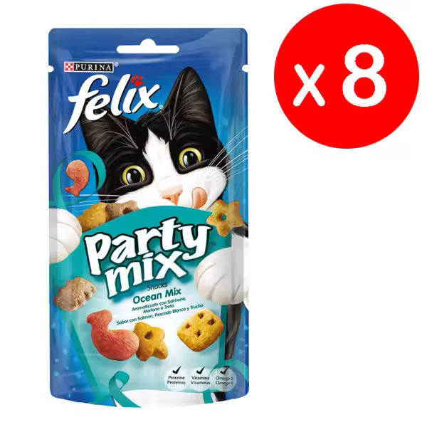 Purina Felix Party Mix Ocean, Snack, premio para Gato con Salmón, Carbonero y Trucha, 8 bolsas de 60g - 1