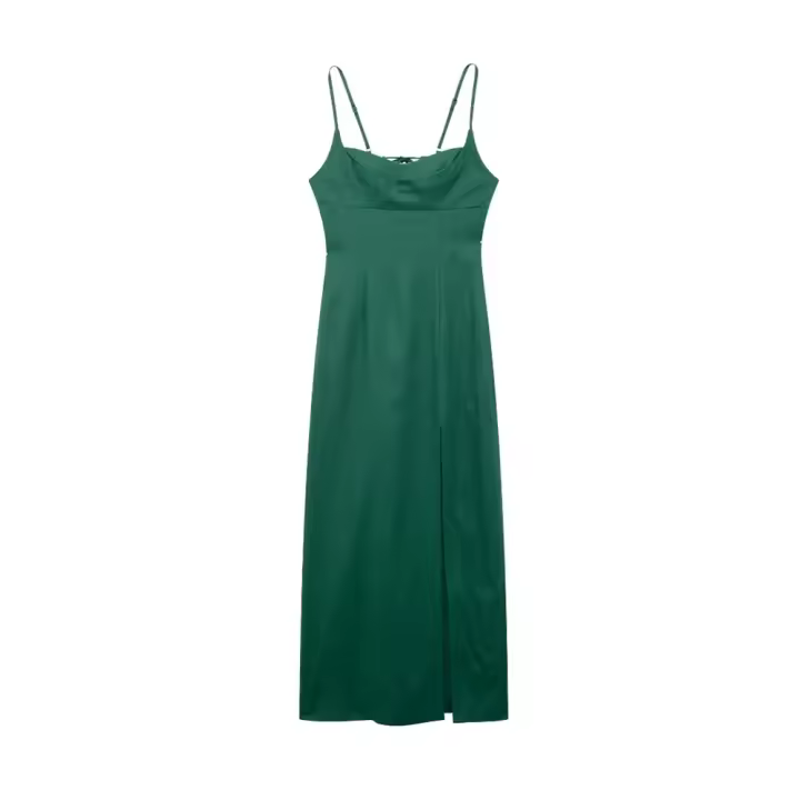 Vestido Midi De Manga Sin Mangas Para Mujer Estilo Casual Slim Con Diseño De Rotura Y Cintura Ajustada PB&ZA2024 Fashion Summmer - 1