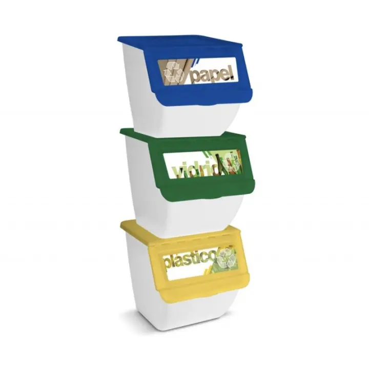 Cubos de Basura de Reciclaje - Pack de 3 Contenedores de 36L Apilables (Papel - Vidrio - Plástico) - Ideal para Reciclar en Casa 39x39x36 cm - 1