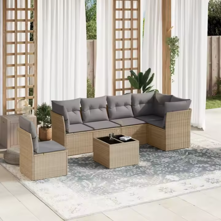 vidaXL Set sofás de jardín 7 piezas y cojines ratán sintético beige - 1