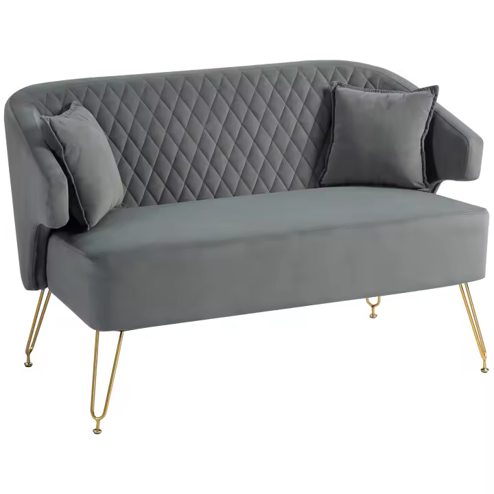 HOMCOM Sofá de 2 Plazas Tapizado en Terciopelo Sofá de Salón con 2 Almohadas Reposabrazos y Patas de Acero Doradas Sofá Pequeño Carga 240 kg para Dormitorio Oficina 124x69x76 cm Gris - 1