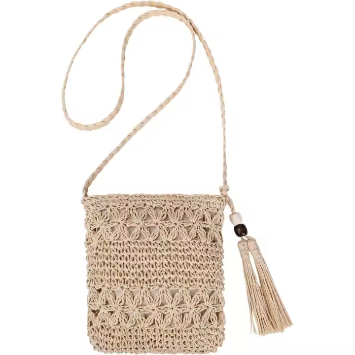 Bolso de Paja, Bolso de Playa de Verano con Borla, Bolso Cruzado de techo con Cremallera, Bolso de hombre Bohemio para Viajes de verano a la playa (beige) - 1
