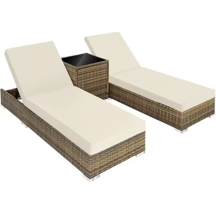 Tectake - 2 tumbonas de Poliratán y aluminio + mesa  Para interiores y Exteriores, incluye tuercas de acero inoxidable  Mesa auxiliar con espacio para almacenaje  Ajustable en 5 posiciones - 1