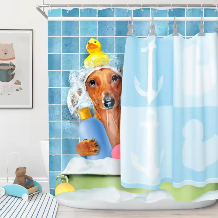 Imirell Funny Dachshund Dog Shower Curtain 72Wx72H Inches Spring Floral Flower Wildflower Blue Sky Cute Hilarious Animals Oil Painting for Kids Fabric Waterproof Polyester with 12 Pack Hooks Plastic - 1