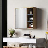 HOMCOM Mueble de baño con espejo Mueble de baño con espejo de pared con 3 estantes abiertos 2 puertas con espejo 60 x 20 x 60 cm madera natural - details 0