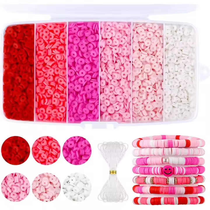 6000 Pcs Flat Clay Beads Pink, Funtopia Clay Beads for Bracelets Making, Heishi Beads Polymer Clay Beads kit for Jewelry Making (6mm) - 1