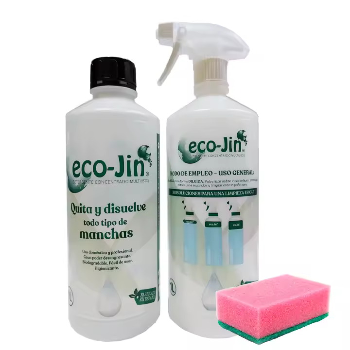 ECO JIN Neutro Original, 1L concentrado + estropajo, limpieza perfecta sin limites ECO-JIN. Ecológico, Higiénizante, Bactericida, Anticalcareo y elimina cal. Componentes tensoactivos. Exclusivo y poderoso quitamanchas. Distrilocu - 1