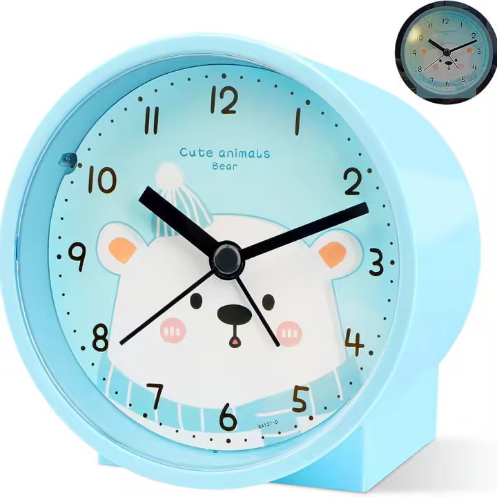 Despertador silencioso de animales con luz nocturna para niños,Despertador infantil simpático estampado ,Despertador analógico de cuarzo sin tic-tacBonito Reloj de escritorio,Decoración del hogar (osito,conejo y zorro) - 1