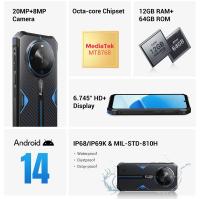 FOSSiBOT F105 Smartphone Resistente, Pantalla HD+ de 6.745 pulgadas, Batería 10300 mAh, 12 GB RAM + 64 GB ROM, Cámara 20 MP + 8 MP, Dual SIM 4G, Chipset Octa-core, Sistema Android 14, Desbloqueado / Reconocimiento Facial / OTG / GPS, IP68/IP69K - Negro - details 2