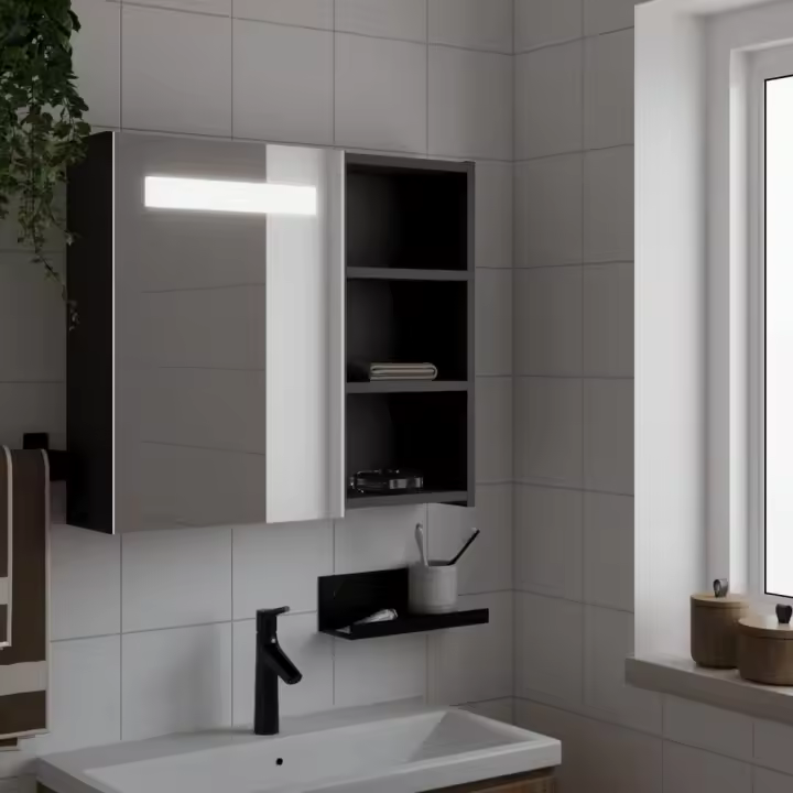 vidaXL Mueble de baño con espejo y luz LED 60x13x52 cm en color Roble/Gris/Blanco y más | almacenamiento funcional diseño moderno para baño dormitorio sala - 1