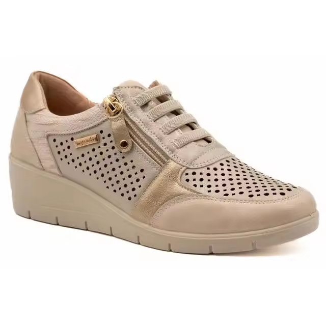 MYSOFT 24M206 Zapato casual de mujer de la marca MYSOFT, fabricado en material imitación color platino. Cierre mediante cordones elásticos y cremallera. Plantillas extraíbles y suela ligera de poliuretano. - 1