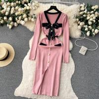 YuooMuoo Vestido Elegante Bodycon Para Mujer Con Cuello V Y Lazo Manga Larga Split Frontal Estilo Oficina Lady Chic Para Fiesta Y Trabajo - details 20