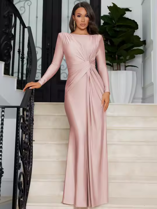 Vestido Maxi Dulzura Elegante Y Sólido Con Hombros Acentuados Y Cintura Definida Para Fiesta De Noche Mujer Otoño Invierno - 1