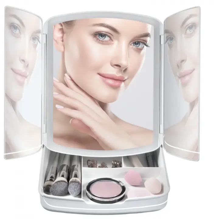 Mediawavestore Espejo de Maquillaje LED Plegable con Cajones y Almacenamiento - 1