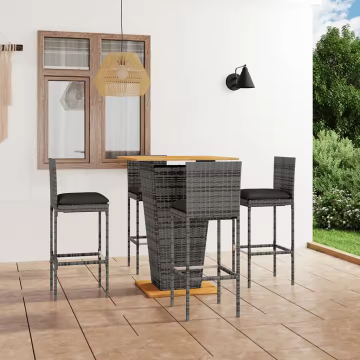 vidaXL Set de muebles de bar de jardín 5 pzas y cojines ratán PE gris - 1