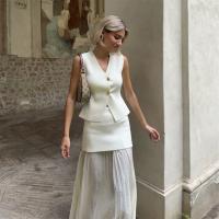 Conjunto De Vestido Y Falda Larga De Punto Para Mujer Estilo Moderno Y Elegante Primavera 2024 Sin Mangas Cuello En V Cierre Único - details 3