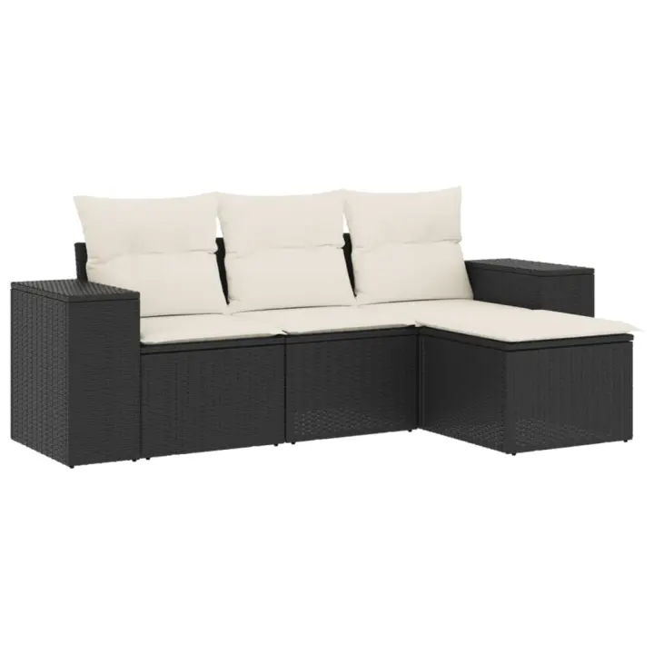 vidaXL Juego de sofás jardín 4 pzas con cojines ratán sintético Negro, Negro y crema, beige and cream Conjunto Terraza Muebles Jardín Exterior Juego de Muebles de jardín Mueble Jardín Exterior Muebles de Salon Exterior - 1