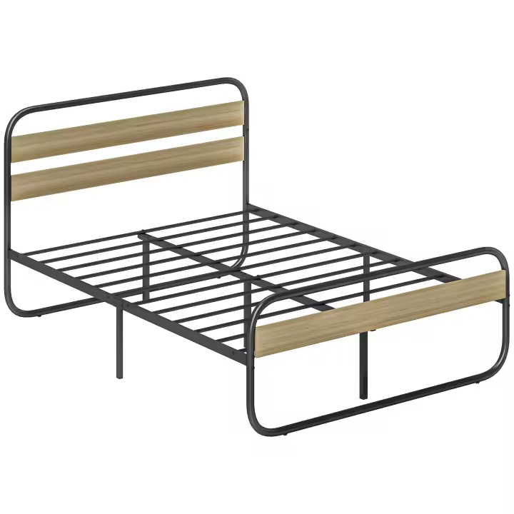 HOMCOM Marco de cama doble 140 x 190 cm Cama para 2 personas Cama doble de estilo industrial con almacenaje bajo la cama, base, cabecero y piecero - fácil montaje, madera y acero, aspecto madera - 1