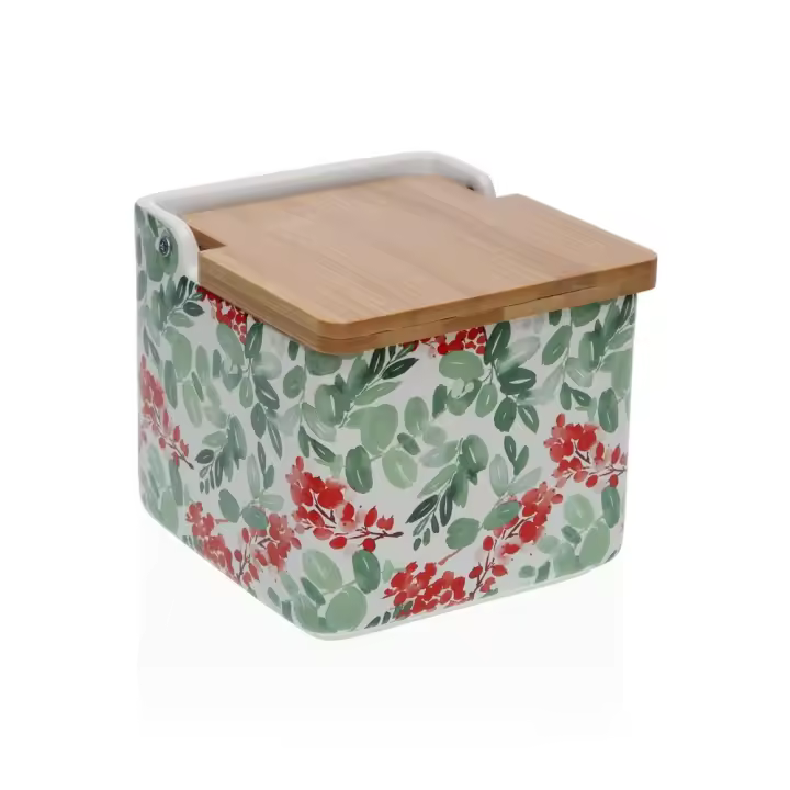 Salero Avalon Cerámica Blanca Hojas Verdes y Flores Rojas  (12x12x11,5 cm ) - 1