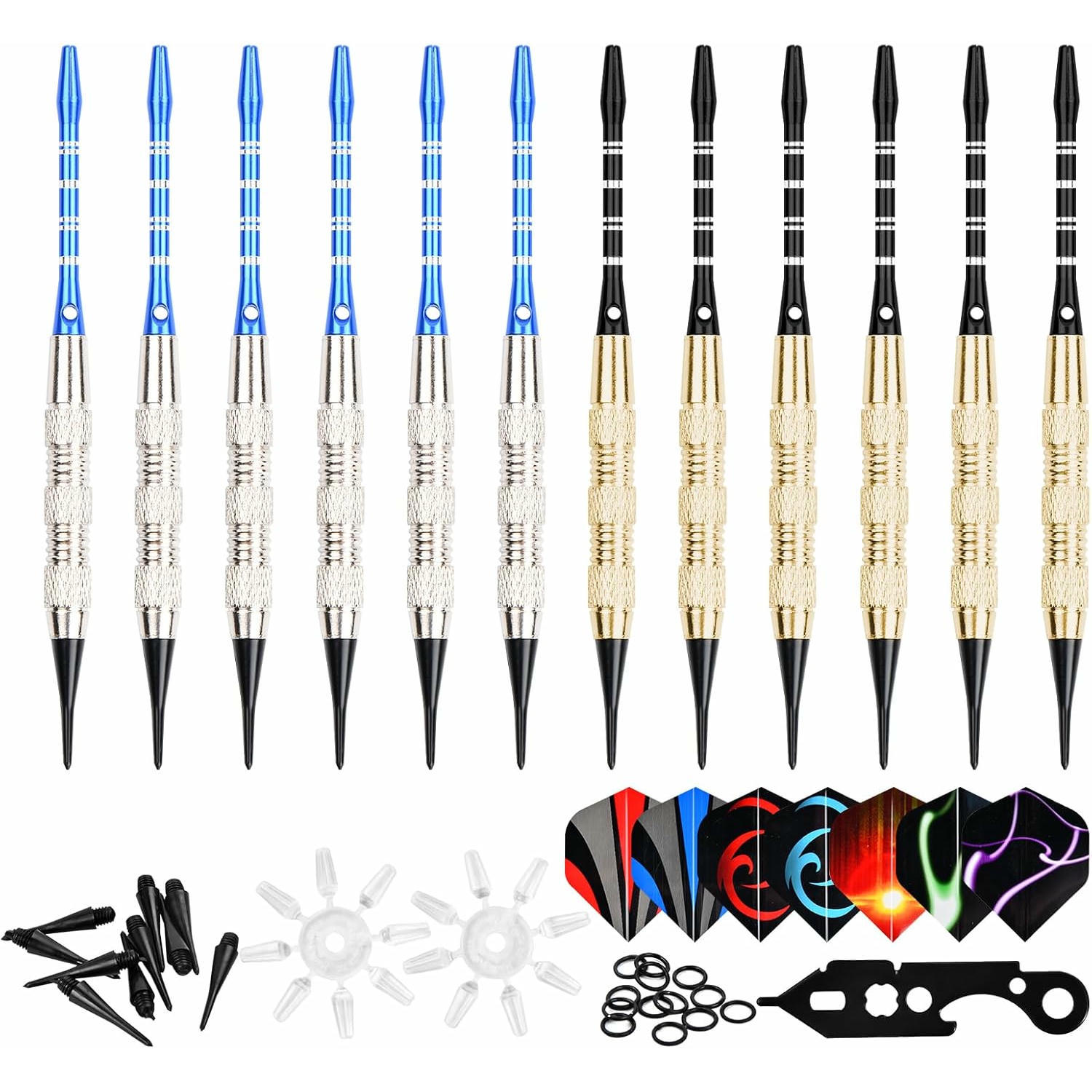 Dardos Punta Suave, Eje de Dardos 12 Piezas y Plumas de Dardos, Puntas de Dardos Plastico de 100 Piezas, Anillos de Goma de 20 Piezas