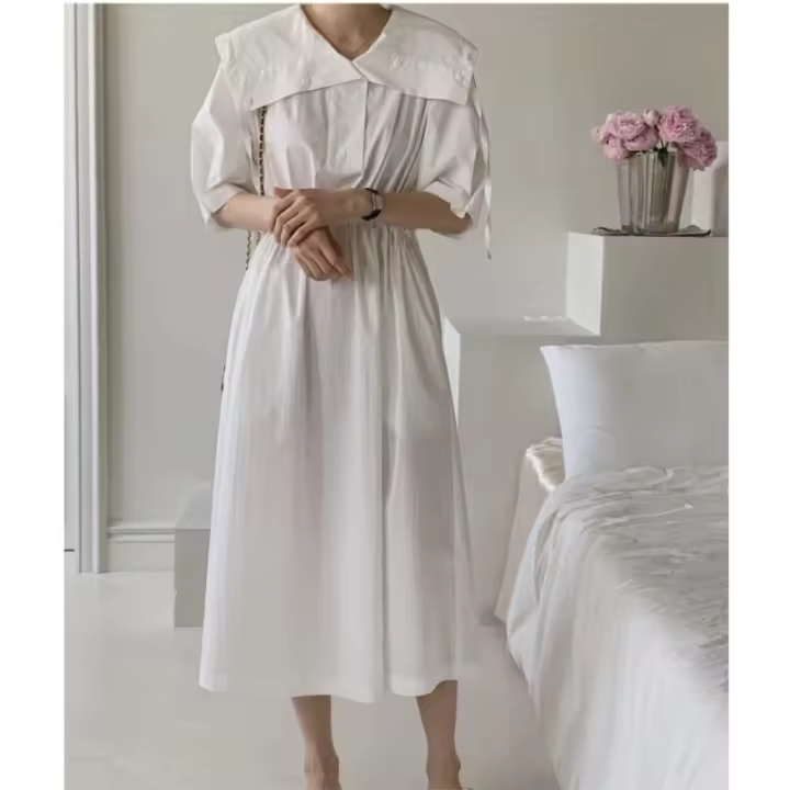 Vestido Largo Casual De Mujer REALEFT Vintage Primavera Verano Con Cuello Marinero Manga Corta Con Cordón Preppy Estilo Suéter Polyester - 1