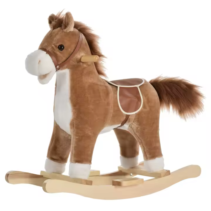 HOMCOM Caballo Balancín para Bebé Mayores de 36 Meses Juguete Balancín de Felpa Suave con Música Relinchos Sonidos de Galope Boca y Cola Móviles 65x32,5x61 cm - 1