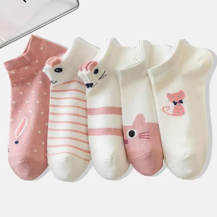 Calcetines Casuales Para Mujer Con Patrón De Gato De Dibujos Animados 5 Pares Comodidad Transpirabilidad Ligeros Y Moda - 1