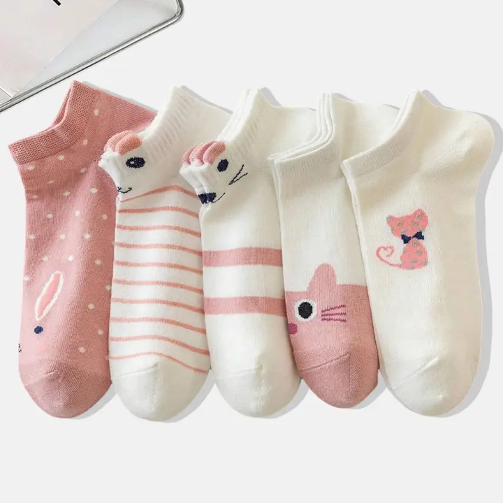 Calcetines Casuales Para Mujer Con Patrón De Gato De Dibujos Animados 5 Pares Comodidad Transpirabilidad Ligeros Y Moda - 1