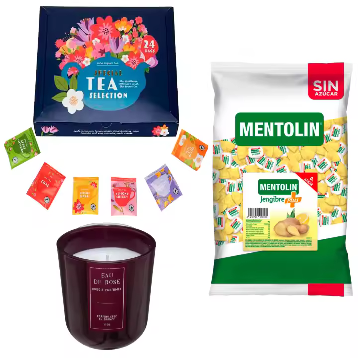 Pack Balsámico: MENTOLIN PLUS JENGIBRE S/A BOLSA 1KG + Vela perfumada rosa de170 g + Set de Te con 24 bolsitas con diferentes sabores y aromas - 1