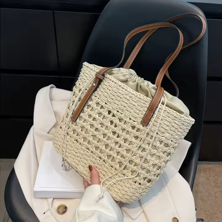 Bolso De Hombro Para Mujer Casual De Rotura Gran Capacidad Tejido De Paja De Verano Bolso De Playa Bolso De Viaje Para Dama - 1