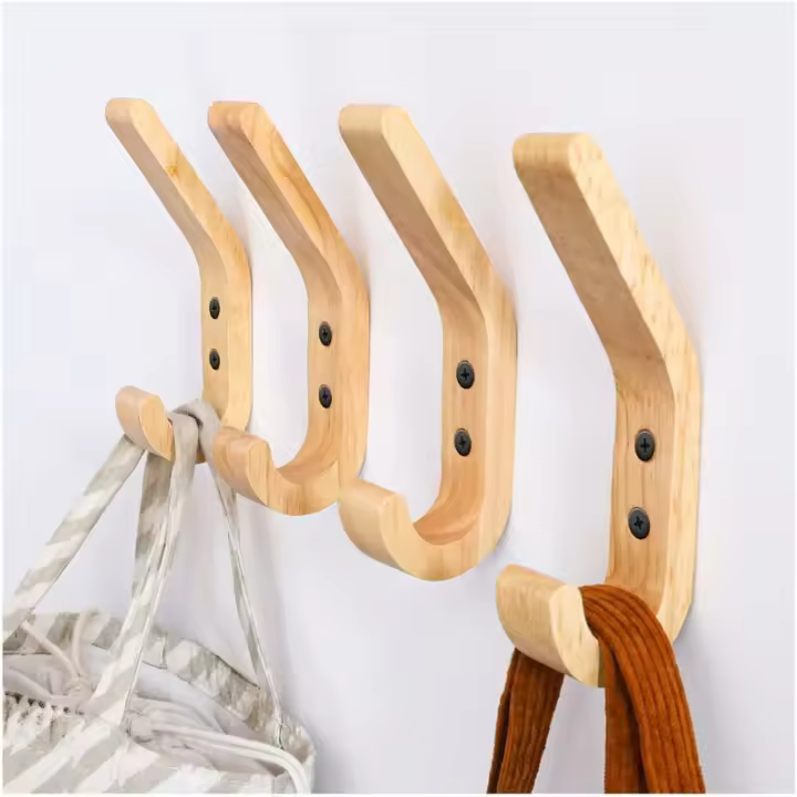Perchero de Madera, 4 Piezas, 155 mm, Forma de J, Ganchos para Toallas montados en la Pared Mejorados, Roble Grado A, Superficie Pulida a Mano, Adecuado para Cocina y Dormitorio - 1