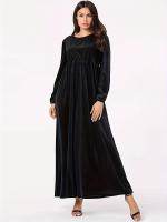 Vestido De Veludo Para Mujer Estilo Casual Largo Manga Campana Cuello Redondo Color Sólido Vestido Largo Con Corte Amplio - details 0