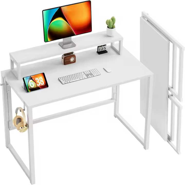 Escritorio Pequeño Plegable 80 cm, Escritorio para Computadora Plegable con Soporte para Monitor, Mesa Portátil para Oficina en Casa y Dormitorio - 1