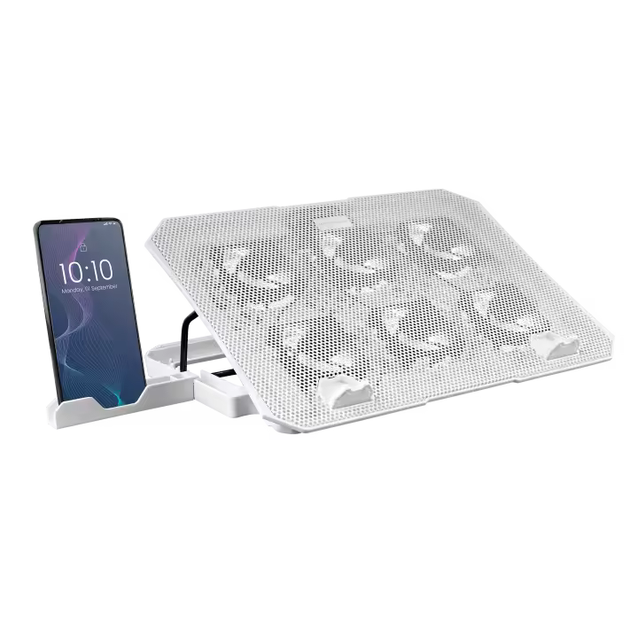 Mars Gaming MNBC23, Base Refrigeradora y Stand 16'', Iluminación LED Azul, 6 Ventiladores, Soporte Smartphone, Base Refrigeración para portátiles en Negro o Blanco - 1