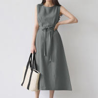 Vestido Largo De Verano Para Mujer Estilo Vintage De Algodón Y Lino Cuello Redondo Sin Mangas Cinturado Talla Grande Casual - details 17