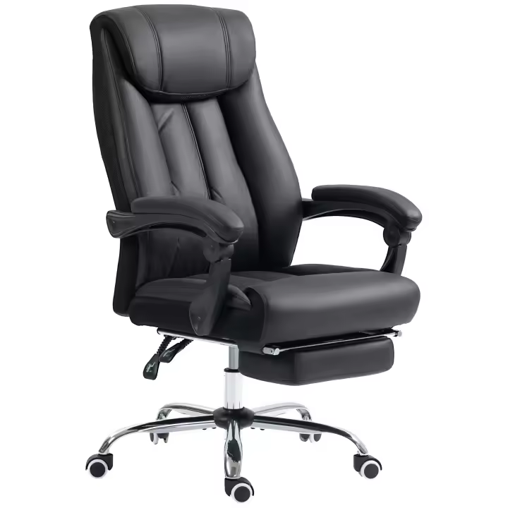 HOMCOM Silla de Oficina Silla de Escritorio Silla Ejecutiva con Reposapiés Silla de Ordenador Regulable en Altura Fabricada en Tejido de Microfibra Silla Giratoria Inclinable para Oficina Acero Negro - 1