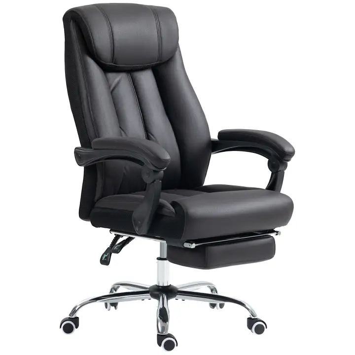 HOMCOM Silla de Oficina Silla de Escritorio Silla Ejecutiva con Reposapiés Silla de Ordenador Regulable en Altura Fabricada en Tejido de Microfibra Silla Giratoria Inclinable para Oficina Acero Negro - 1