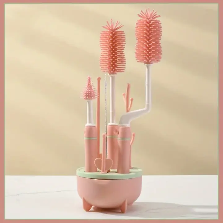 Juego De Limpieza Para Botella De Bebé Portátil 6 En 1 Con Soporte De Secado 2 Cepillos De Silicona Cepillo De Concha Y Caja De Almacenamiento - 1