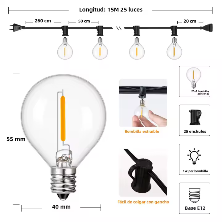 Cadena De Luces G40 Vintage Dimmable Conector EU 220V Para Decoración De Jardín Patio Exterior Interior Bombilla E12 - 1