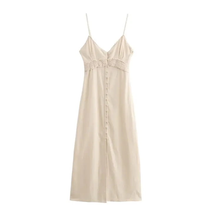Vestido Midi Vintage TRAFZA Para Mujer Verano Sin Mangas Cuello En V A-Line Cierre De Cremallera Espalda Descubierta Slim Fit - 1