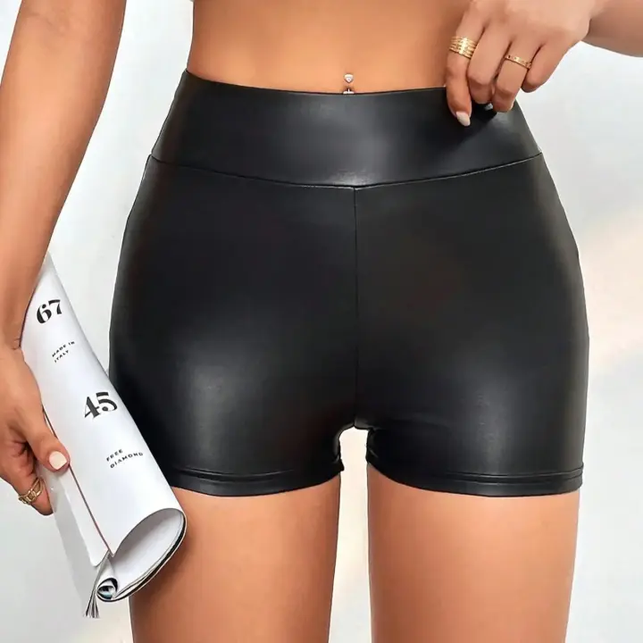 Shorts De Cuero PU Para Mujer En Negro Cintura Alta Ajustados Estilo Callejero Casual Primavera Verano Glossy Para Gimnasio Noche Fiesta - 1