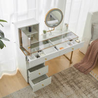 Juego de tocador con Espejo con iluminación LED, tablero de Cristal Templado transparente, laterales de tocador y Armario, Elegant Furniture, Blanco, Dimensiones: 120x45X115 cm (sin taburete) - details 1