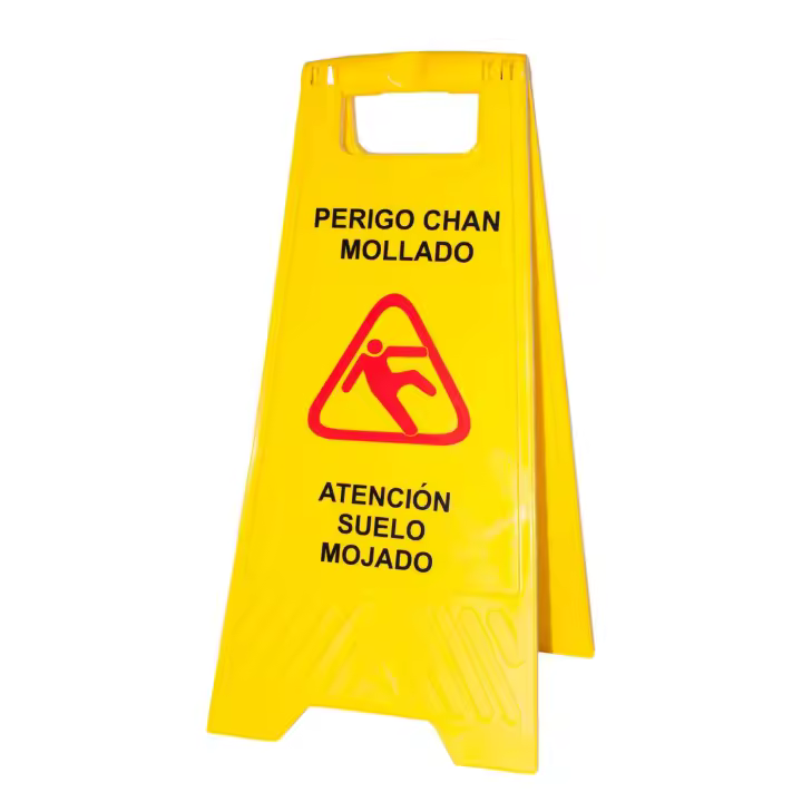 PAMEX Señal de Suelo Mojado en Gallego y Castellano. Cartel Plegable Señalización Advertencia Mojado Color Amarillo. Advertencia Superficie Resbaladiza. - 1