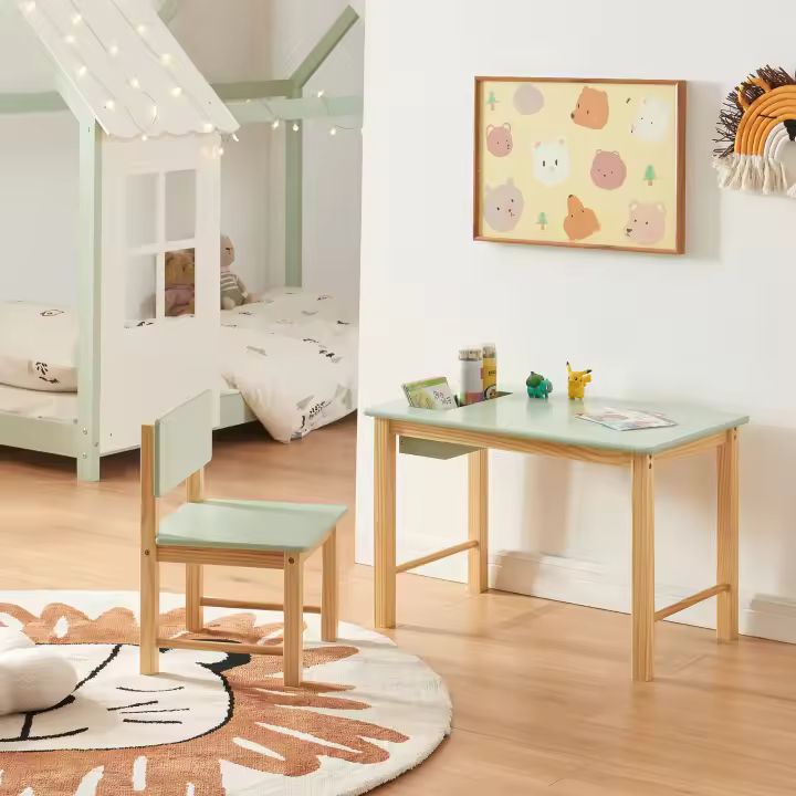 Conjunto infantil de mesa y silla Skjåk Pino MDF - Natural / Verde Menta [en.casa] - 1