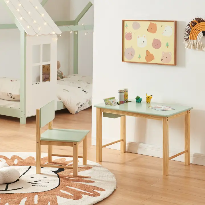 Conjunto infantil de mesa y silla Skjåk Pino MDF - Natural / Verde Menta [en.casa] - 1