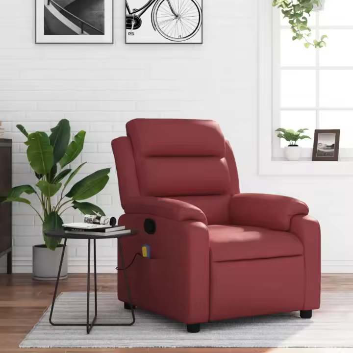 vidaXL Sillón de masaje reclinable cuero sintético rojo tinto - 1