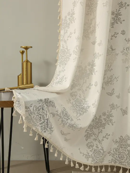 Cortinas Blancas Transparentes Beige Florido De Lino Texturizado 84 Pulgadas Para Sala De Estar 1 Panel Para Ventanas Planas - 1