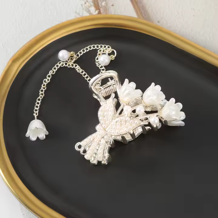 Pinza Para El Pelo De Lujo Con Tulipán De Perla Y Pompon De Valle Del Lirio Para Mujeres Accesorio De Moda Para El Cabello Regalo De Día De La Madre Pinza Para El Cabello Small Clip - 1