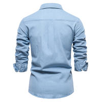 Camisa De Mezclilla Para Hombre Nueva De Otoño Con Doble Bolsillo Cierre De Correa Casual Diseño Social Justa Algodón Y Spandex - details 4